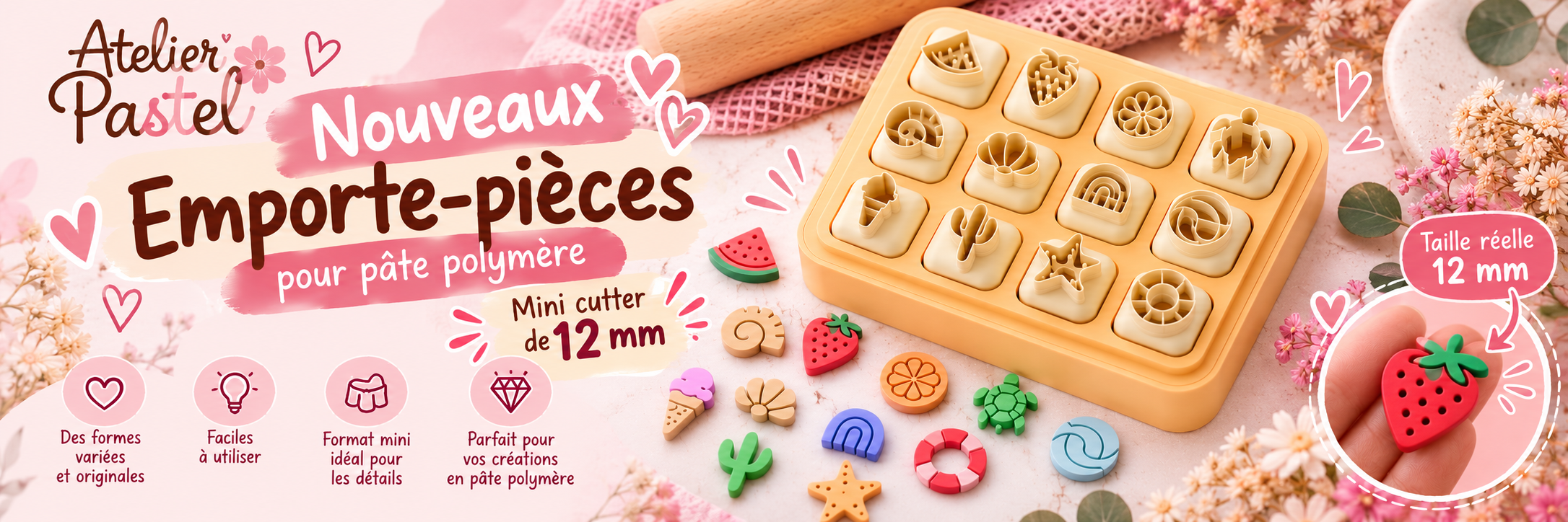 Créations pastel en pâte polymère, dans des tons rose poudré, violet et pêche.